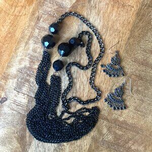 Black Chain Necklace + Chandelier Earrings Set